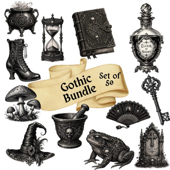 50 Gothic Clipart PNG Bundle | Dark Academia Gothic PNG Files | Witchy Victorian Clipart | Skull Raven Bat Coffin Gothic Graphics