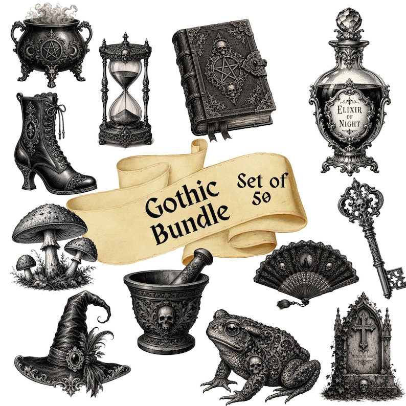 May include: A collection of gothic-themed illustrations in black and white. The image includes a witch's cauldron, hourglass, spell book, potion bottle, key, boot, mushrooms, mortar and pestle, fan, toad, witch's hat, and a tombstone. The banner reads "Gothic Bundle".
