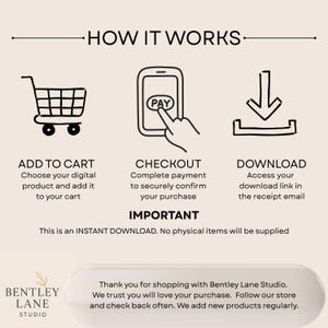May include: Infographic illustrating the digital product purchase process: add to cart, checkout, and download. Text includes "How it Works," "Add to Cart," "Checkout," and "Download." The image also states "This is an INSTANT DOWNLOAD. No physical items will be supplied."