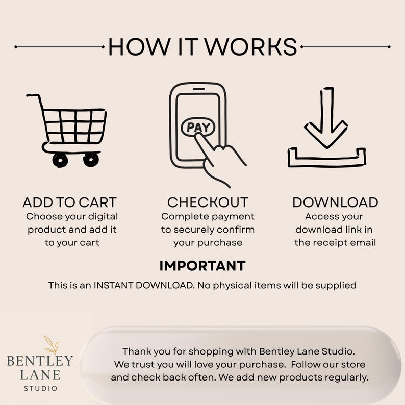 May include: Infographic illustrating the digital product purchase process: add to cart, checkout, and download. Text includes "How it Works," "Add to Cart," "Checkout," and "Download." The image also states "This is an INSTANT DOWNLOAD. No physical items will be supplied."