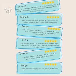 May include: Image featuring customer reviews for Bentley Lane Studio. Reviews are displayed in light blue speech bubbles with gold star ratings. Text includes comments about the seamless design, quick responses, and great files. The studio logo is in the upper left corner.