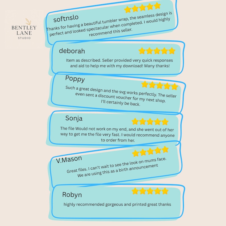 May include: Image featuring customer reviews for Bentley Lane Studio. Reviews are displayed in light blue speech bubbles with gold star ratings. Text includes comments about the seamless design, quick responses, and great files. The studio logo is in the upper left corner.