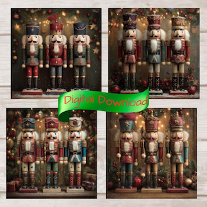 Puede incluir: Cuatro imágenes de cascanueces decorativos de madera en varios colores, incluyendo rojo, azul y verde. Cada cascanueces tiene un uniforme detallado y un sombrero alto. El texto "Digital Download" está en una cinta verde.