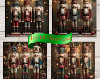 Könnte beinhalten: Vier Bilder von dekorativen Nussknackern aus Holz in verschiedenen Farben, darunter Rot, Blau und Grün. Jeder Nussknacker hat eine detaillierte Uniform und einen hohen Hut. Der Text "Digital Download" befindet sich auf einem grünen Band.