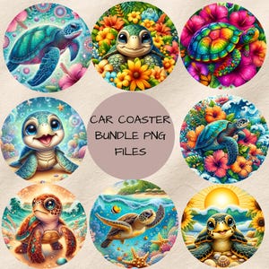 May include: A collection of nine round car coasters featuring colorful sea turtle designs. Each coaster showcases a unique turtle illustration surrounded by flowers, ocean scenes, or a sunny beach. The text "CAR COASTER BUNDLE PNG FILES" is also present.