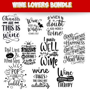 May include: A collection of black and white wine-themed quotes and phrases. The phrases include "Chances are this is wine," "Wine goes in, wisdom comes out," and "Wine cheaper than therapy." The words are in various fonts.