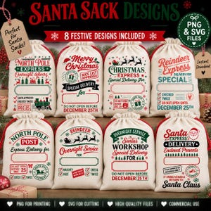 May include: Eight off-white fabric drawstring bags featuring festive Christmas-themed graphic designs in red, green, and black ink. Each bag displays unique holiday text, illustrations of reindeer, trains, and Santa, with blank spaces for names.