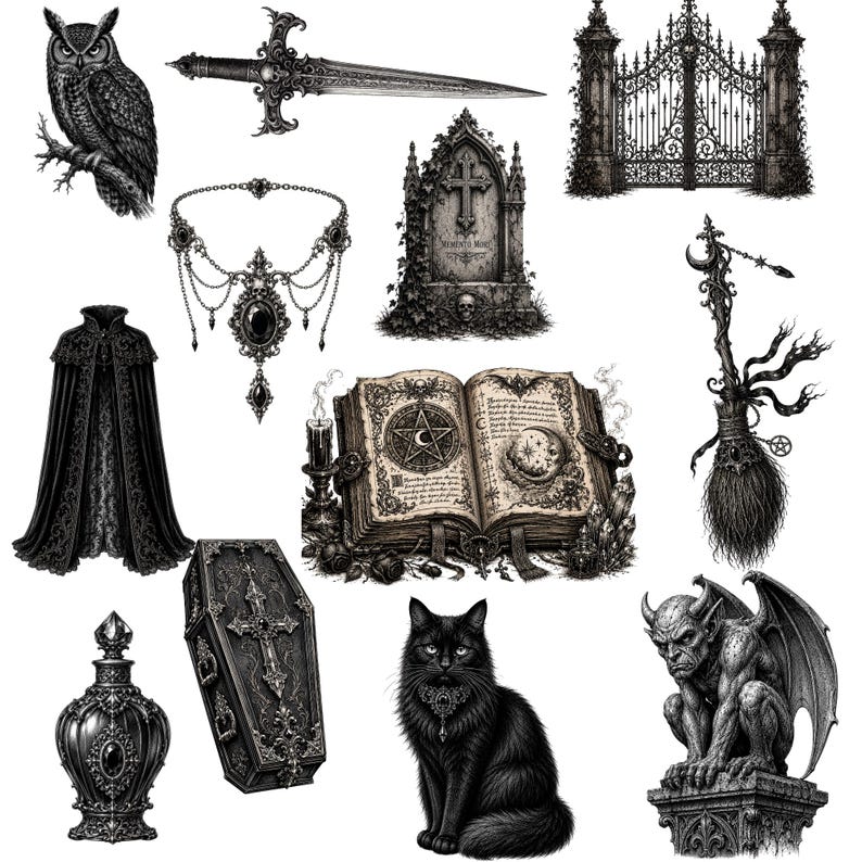 May include: A collection of gothic-themed illustrations in black and white. The image includes an owl, a dagger, a gate, a tombstone, a necklace, a cloak, a book, a coffin, a perfume bottle, a black cat, a gargoyle, and a broom.