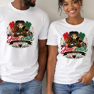 May include: White t-shirts with a circular graphic design featuring the text "Juneteenth" in red and green script. The design includes images of two people, a tree, and the words "Freedom, Resilience, Joy" and "June 19, 1865."