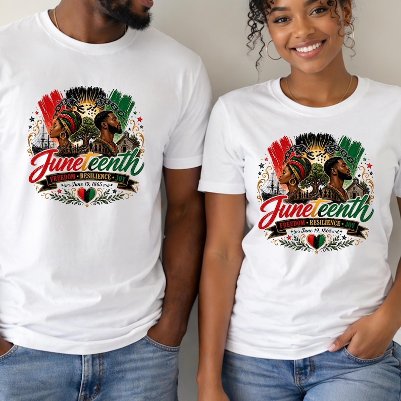 May include: White t-shirts with a circular graphic design featuring the text "Juneteenth" in red and green script. The design includes images of two people, a tree, and the words "Freedom, Resilience, Joy" and "June 19, 1865."