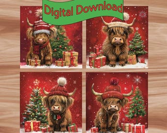 Julunderlägg med höglandskon. Digital nedladdning av fyrkantiga julunderlägg. PNG-filer | Sublimering