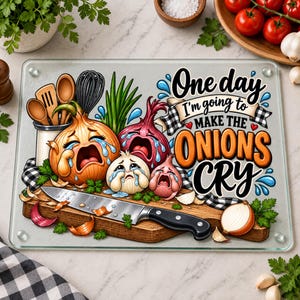 May include: A rectangular glass cutting board featuring a cartoon illustration of crying onions and kitchen utensils. The text reads, One day I'm going to MAKE THE ONIONS CRY. A chef's knife rests on a wooden board graphic, surrounded by green herbs.