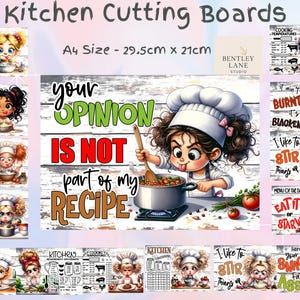 Puede incluir: Tablas de cortar de cocina de tamaño A4 (29,5 cm x 21 cm) con ilustraciones de chefs de dibujos animados. Una tabla muestra el texto "Your opinion is not part of my recipe."