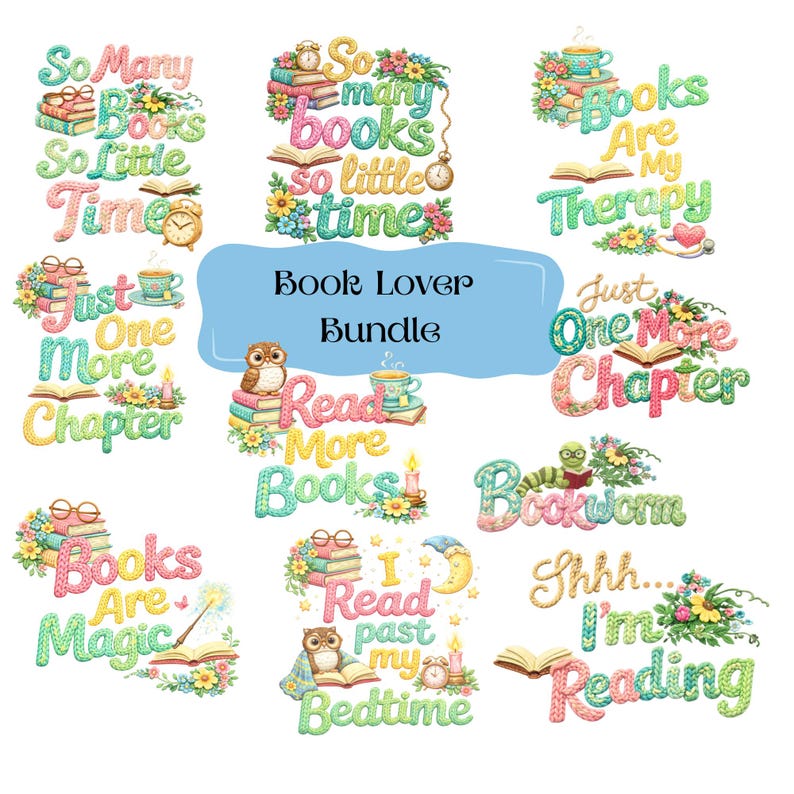 Book Lover PNG Bundle Faux Crochet Style | Reading Quotes PNG ...