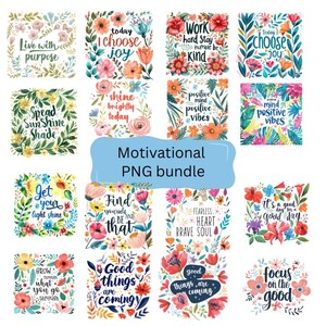 Può includere: Una collezione di disegni floreali colorati con citazioni motivazionali. Le frasi includono "Vivi con uno scopo", "Scelgo la gioia" e "Le cose belle stanno arrivando". È presente anche il testo "Pacchetto PNG motivazionale".