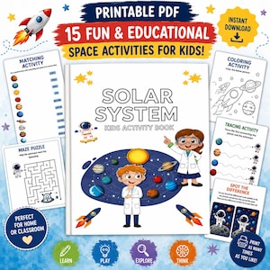 Peut inclure: Un livre d'activités pour enfants en format PDF imprimable intitulé Solar System, illustré avec des enfants en blouse, des planètes et des fusées. L'ensemble comprend des jeux de correspondance, de coloriage, de traçage et des labyrinthes éducatifs.