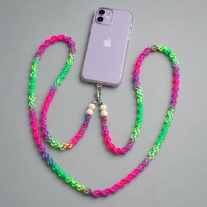 Colorful Macrame Phone Strap, Long Crossbody Phone Lanyard with Metal Clasp & Wooden Beads