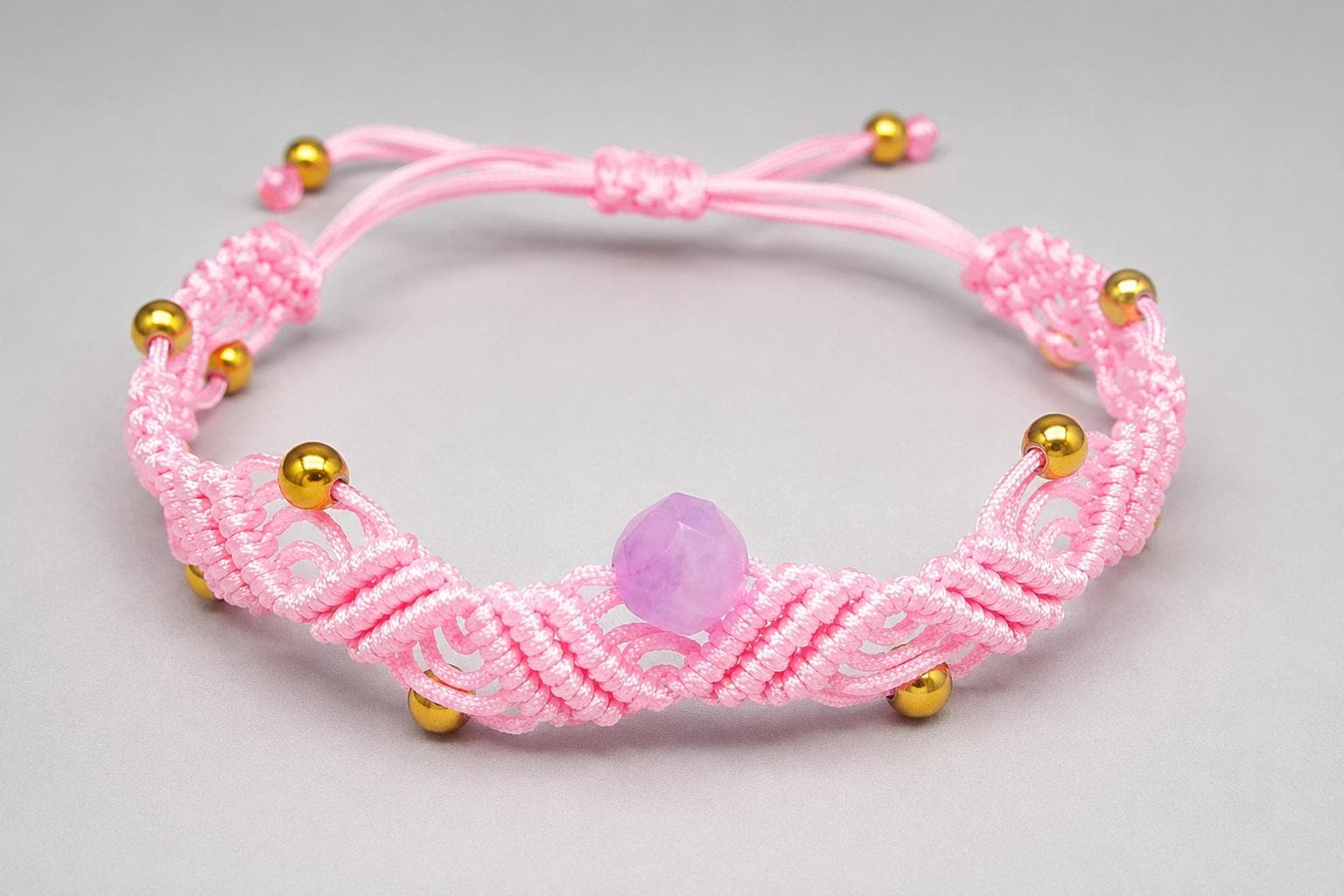 Micro Macrame Bracelet - Pencil Weave, Natural Stone Center, Gold Beads, Adjustable Sliding Knot, Minimal Boho Jewelry