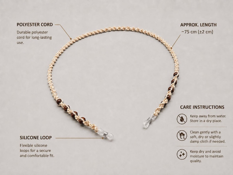 Cream Macrame Glasses Chain, Handmade Eyeglass Strap with Dark Wooden Beads for Glasses & Sunglasses image 3