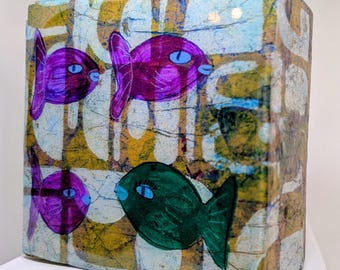 Odd Green Fish: Resined painted gel monoprint on upcycled block