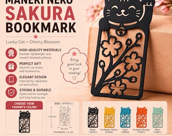 Japanese Lucky Cat Bookmark | Maneki Neko Sakura Bookmark | Cute Cat Bookmark | 3D Printed Gift | Book Lover Gift