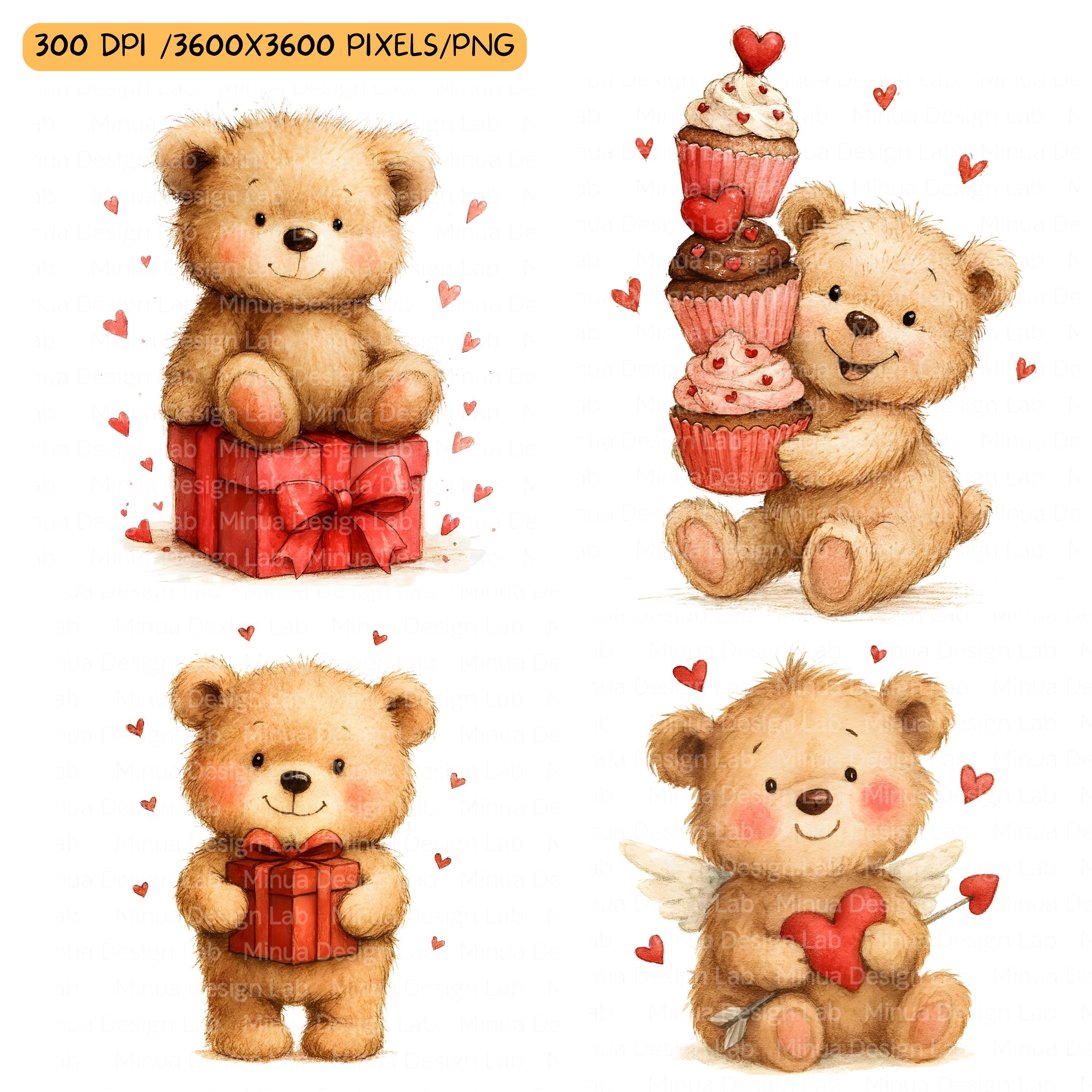 Valentine Teddy Bear Clipart Bundle: Watercolor Love Bears (digital ...