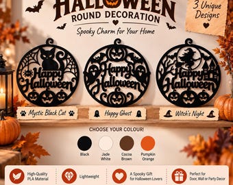 3D Printed Halloween Wreath | Black Cat, Ghost, Witch Designs (PLA Filament)