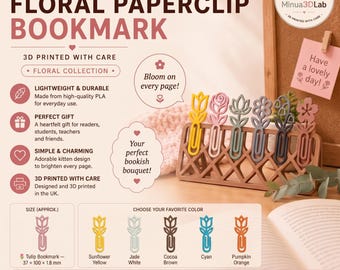 Floral Paperclip Bookmark | Flower Bookmark | 3D Printed Bookmark | Tulip Rose Daisy Lotus Bookmark | Book Lover Gift