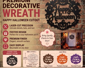 Happy Halloween Door Decoration Wreath – 3D Printed Ghost, Pumpkin & Bat Halloween Decor