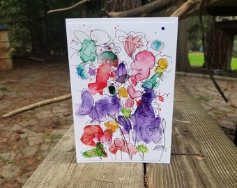 NEW Spring, Watercolor Greeting Card, Flower Filled  Note Card, Blank Floral Card, Mothers Day Card. Thinking of You,  Feel Better,  Care