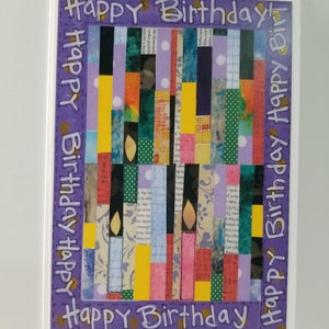 May include: A purple birthday card with a collage of colorful paper scraps and the words "Happy Birthday" repeated around the border.