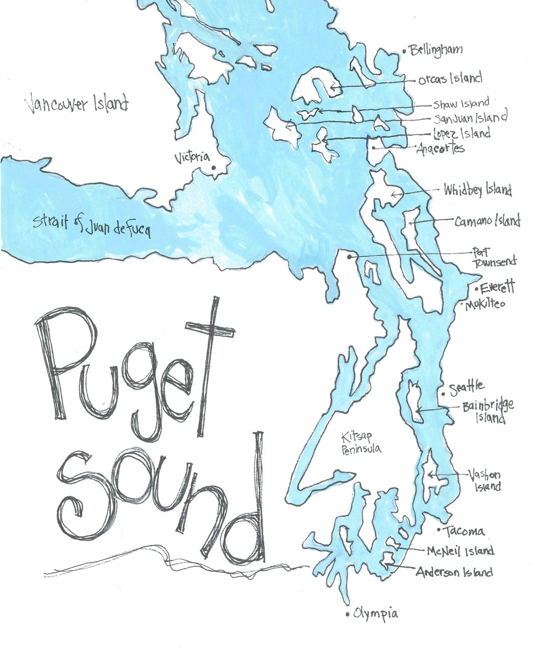 PUGET SOUND Map, Northwest Art for Home Décor, Washington State Gift