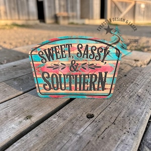 May include: Wooden sign with the text "Sweet, Sassy & Southern" in black lettering. The sign has a turquoise and red design with a rustic, weathered appearance. The sign is placed on a wooden surface.