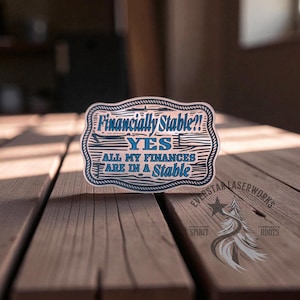 May include: A wooden-style sticker with the text "Financially Stable?! YES ALL MY FINANCES ARE IN A Stable" in blue. The sticker has a rope-like border and is placed on a wooden surface. The sticker also has the logo of EverStar Laserworks.