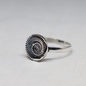 May include: A silver ring featuring a circular face with a detailed, raised spiral ammonite fossil pattern. The band is smooth and polished, connecting to the centre of the fossil design, creating a cohesive metallic piece of jewellery.