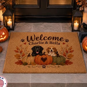 Personalized Dog Doormat, Custom Pet Welcome Mat, Fall Halloween Coir Mat, Pumpkin Dog Lover Front Porch Decor