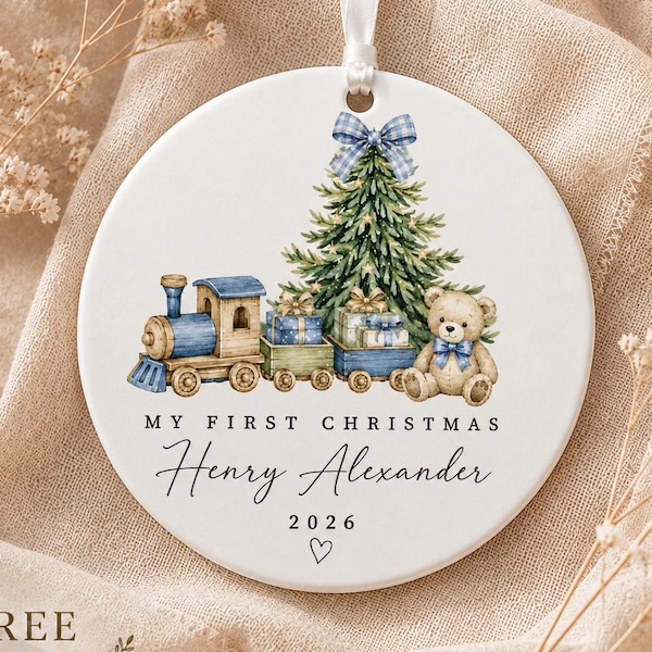 Personalized Baby Boy First Christmas Ornament, Custom Name and Year Train Keepsake, Teddy Bear Newborn Christmas Gift 2026