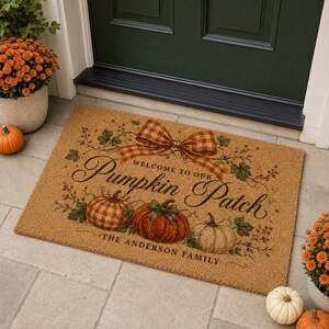 Personalized Pumpkin Patch Doormat, Custom Family Name Welcome Mat, Gingham Bow Fall Door Mat, Thanksgiving Porch Decor