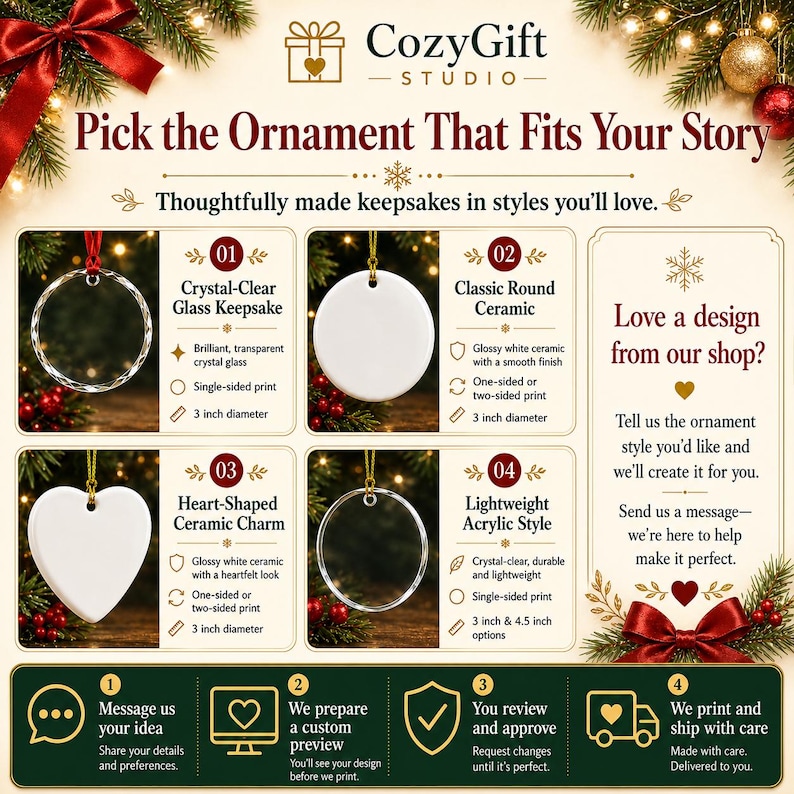 Op de afbeelding: Een productinformatie-afbeelding voor CozyGift Studio met vier ornamenttypes: een 7,6 cm helder glazen aandenken, een 7,6 cm rond keramisch ornament, een 7,6 cm hartvormige keramische bedel en een 7,6 cm of 11,4 cm lichtgewicht acryl ornament.