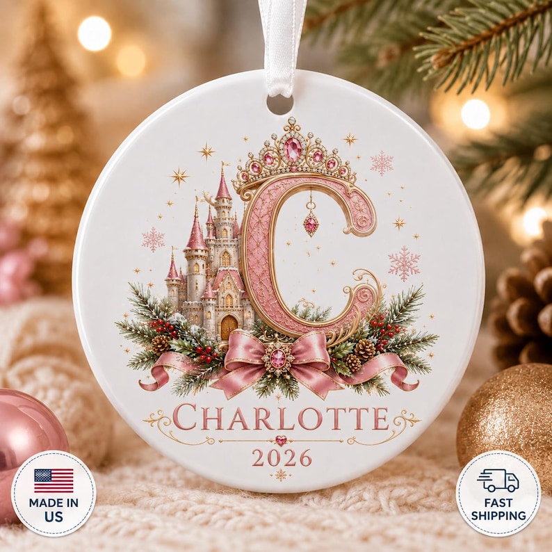 Op de afbeelding: Een ronde witte keramische hanger met een grote roze letter C bekroond met een juwelenkroon, een gedetailleerd kasteel, dennentakken, rode bessen en een roze strik. De naam Charlotte en het jaartal 2026 staan in roze onder het ontwerp.