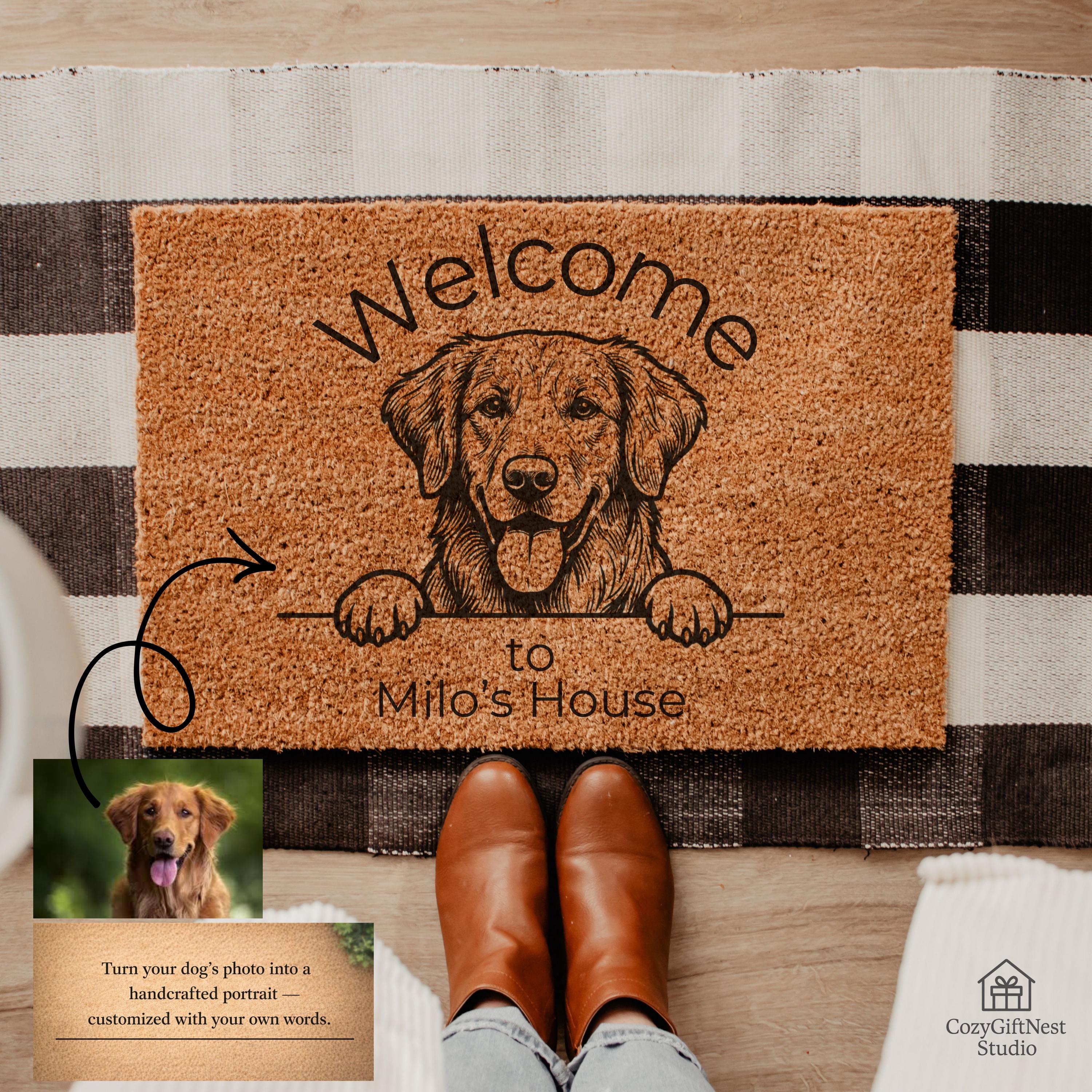Personalized Dog Portrait Doormat – Custom Pet Welcome Mat, Engraved Style Illustration