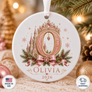 Personalized Princess Initial Ornament, Custom Name Castle Christmas Gift for Girls afbeelding 4