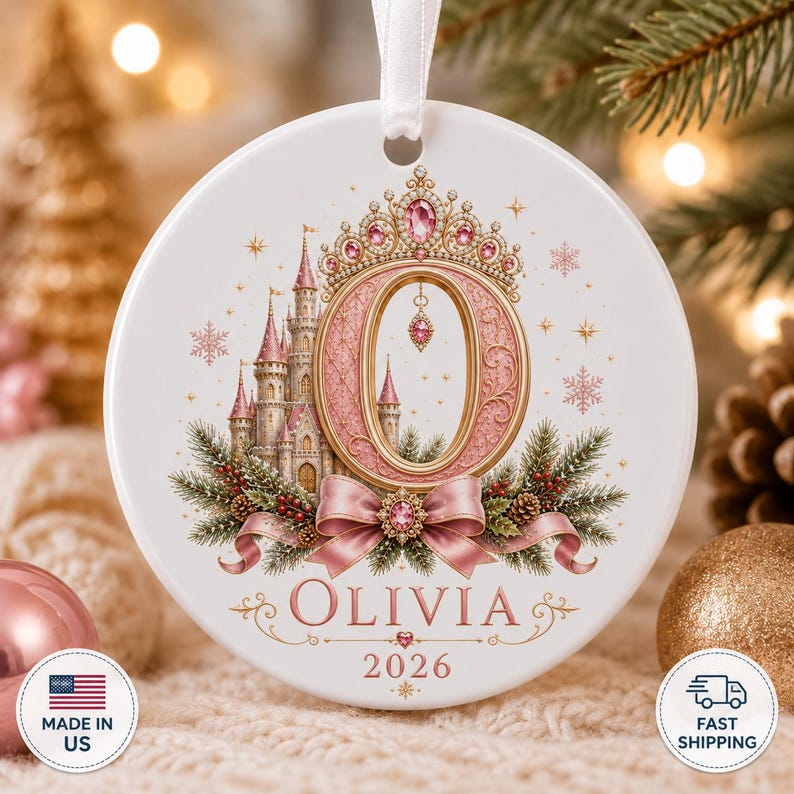Personalized Princess Initial Ornament, Custom Name Castle Christmas Gift for Girls afbeelding 4