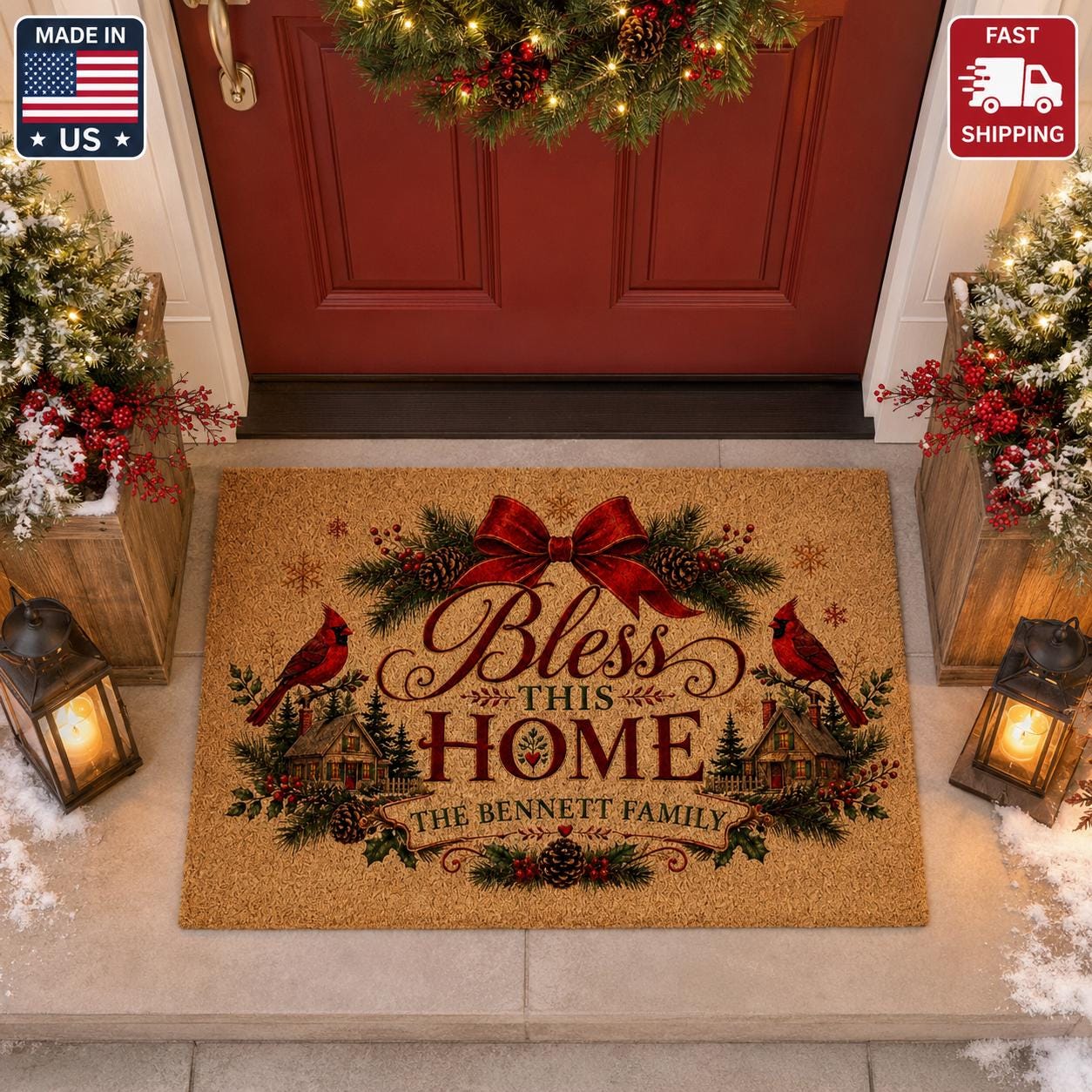 37 Inviting Christmas Front Porch Decor Ideas to Welcome Guests: Festive Ways to Wow Your Neighbors 34 Personalized Christmas Doormat, Bless This Home Family Name Welcome…