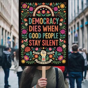 Peut inclure: Une pancarte noire avec le texte "DEMOCRACY DIES WHEN GOOD PEOPLE STAY SILENT" en lettres colorées, entourée de motifs floraux. La pancarte comprend également les phrases "RISE UP", "SPEAK OUT" et "POWER TO THE PEOPLE".