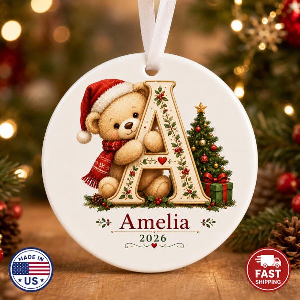 Personalized Teddy Bear Initial Ornament, Custom Kids Name Christmas Ornament, Cute Bear Letter Ornament, Baby’s First Xmas Gift