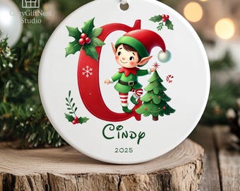 Custom Elf Initial Christmas Ornament 2025 – Personalized Holiday Tree Decoration with Name