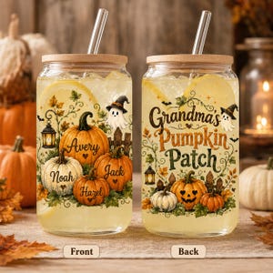 May include: Two glass tumblers with bamboo lids and clear straws. The front features three pumpkins labelled Avery, Noah, and Hazel, with a ghost and lantern. The back displays the text Grandma's Pumpkin Patch with a jack-o'-lantern and ghost.