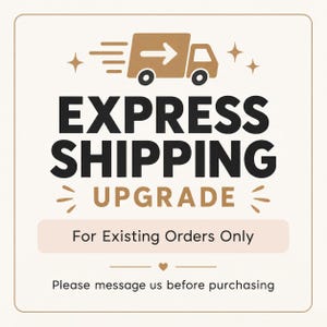 May include: A square graphic with a tan delivery truck icon at the top. The text reads EXPRESS SHIPPING UPGRADE in bold black letters, followed by For Existing Orders Only and Please message us before purchasing in smaller font.