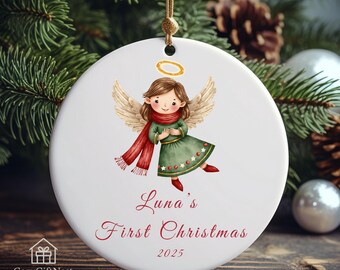 Personalized Baby's First Christmas Ornament 2025 - Angel or Elf Ceramic Keepsake